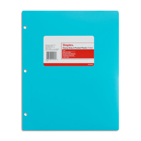 Staples 3-Hole Punched 2-Pocket Plastic Portfolio Folder, Teal