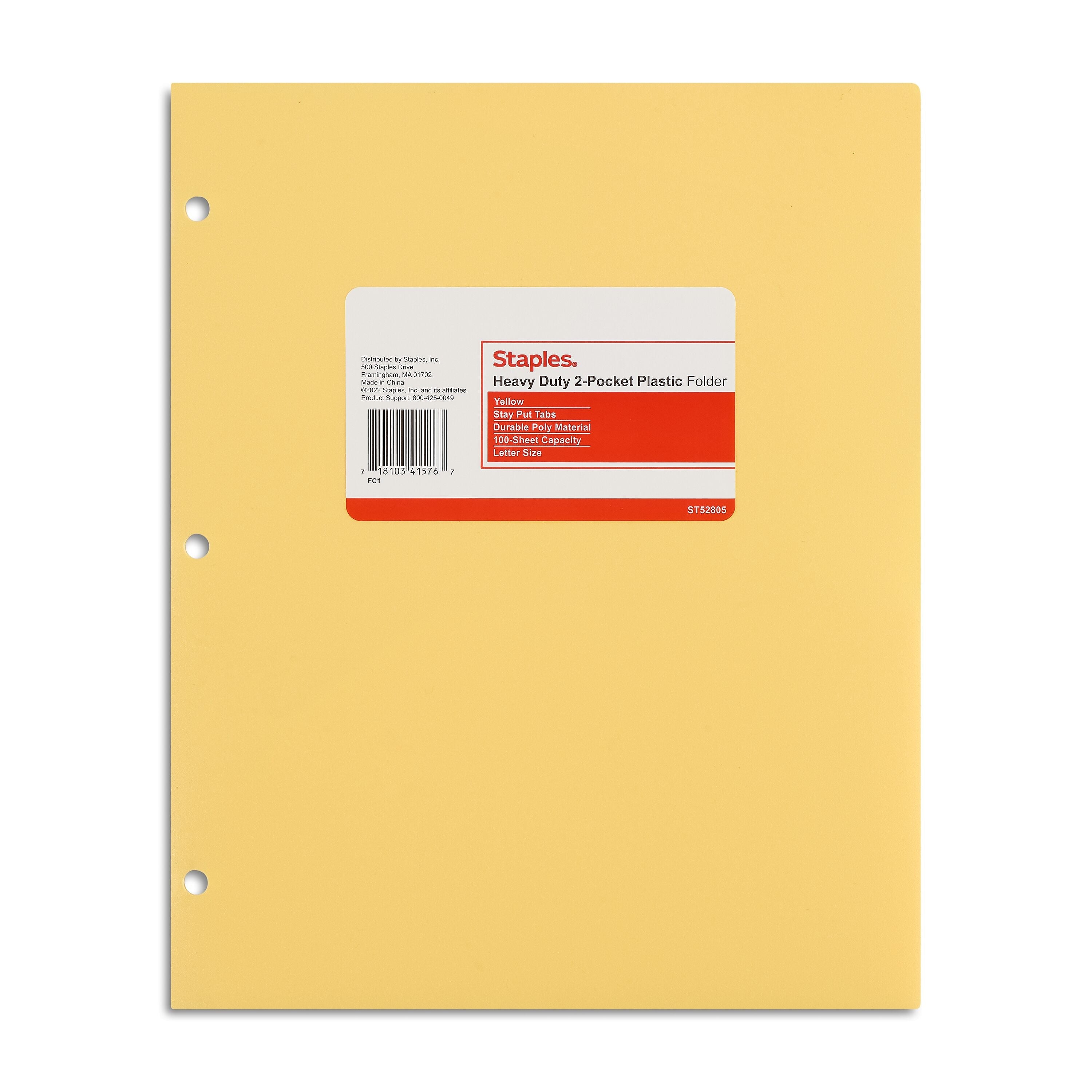 Staples 3-Hole Punched 2-Pocket Plastic Portfolio Folder, Yellow