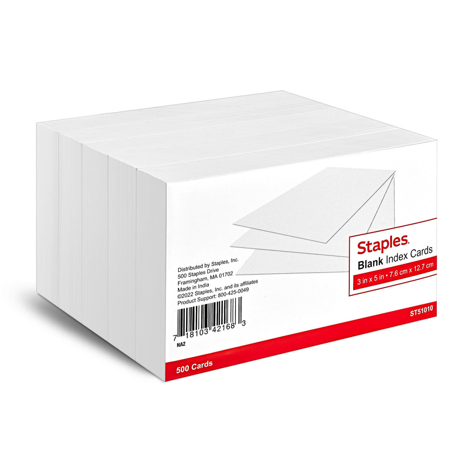 Staples 3" x 5" Index Cards, Blank, White, 500/Pack