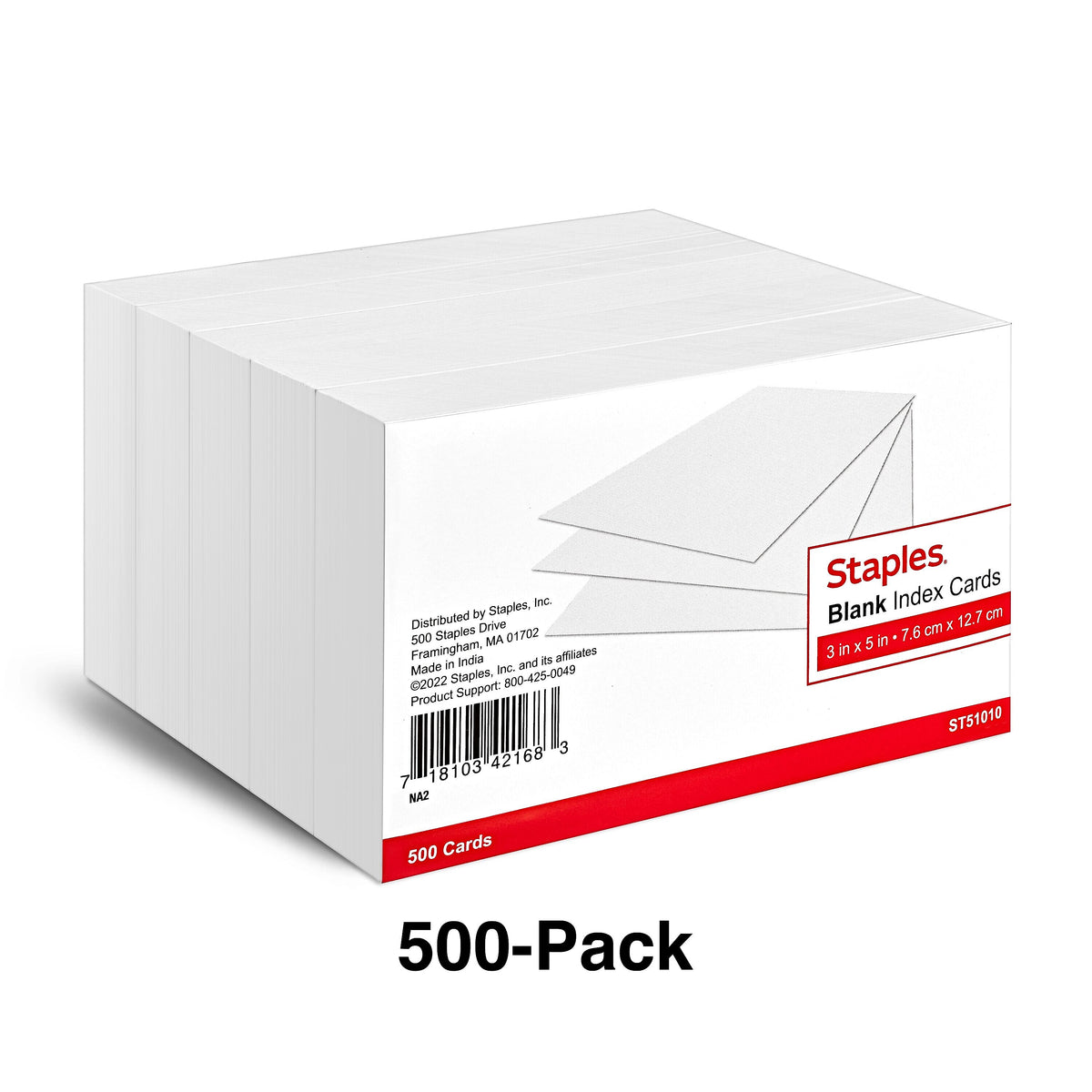 Staples 3" x 5" Index Cards, Blank, White, 500/Pack