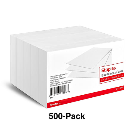 Staples 3" x 5" Index Cards, Blank, White, 500/Pack