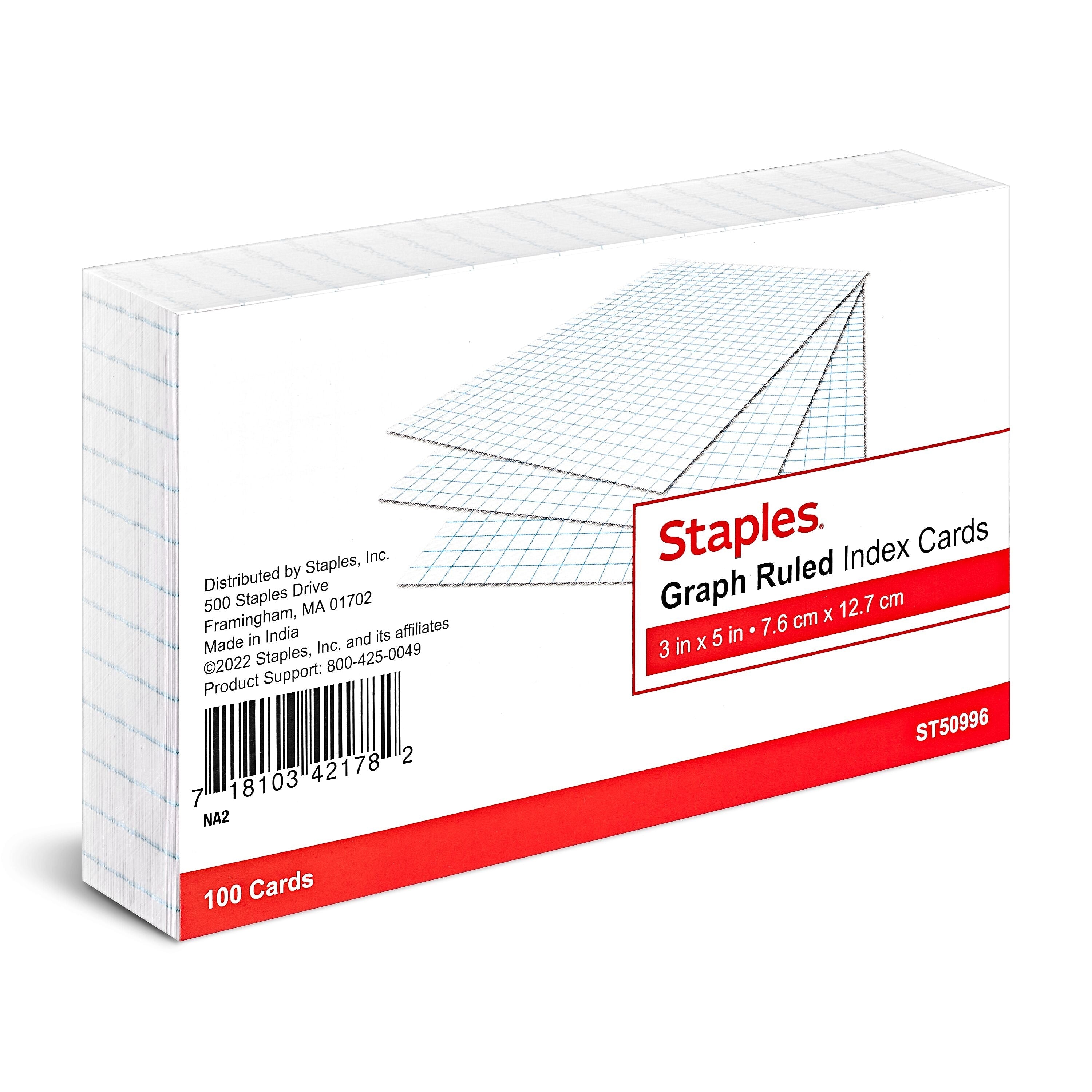 Staples 3" x 5" Index Cards, Graph Ruled, White, 100/Pack