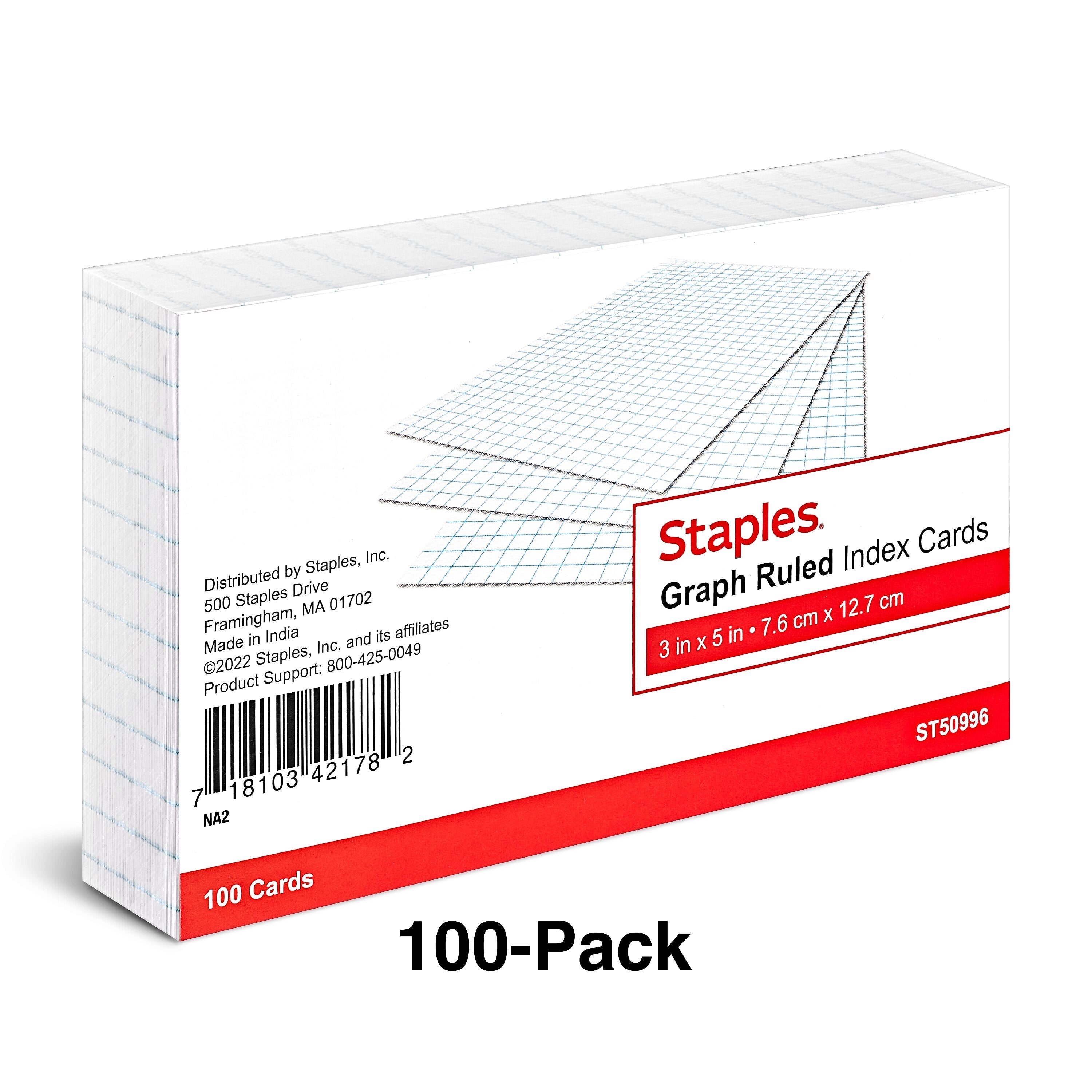 Staples 3" x 5" Index Cards, Graph Ruled, White, 100/Pack