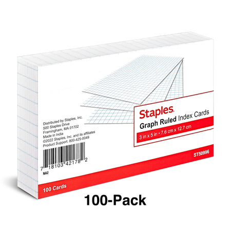 Staples 3" x 5" Index Cards, Graph Ruled, White, 100/Pack