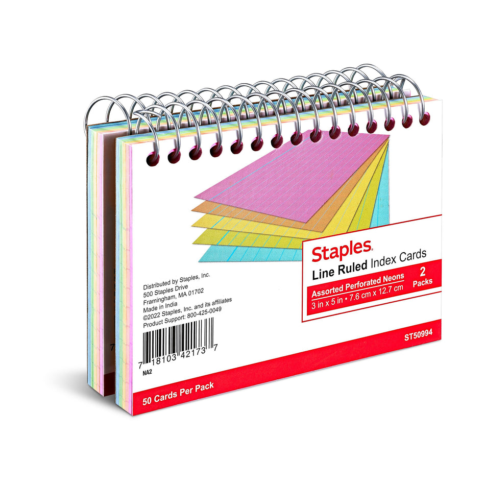 Staples™ 3" x 5" Index Cards, Lined, Neon, 50 Cards/Pack, 2 Packs/Carton
