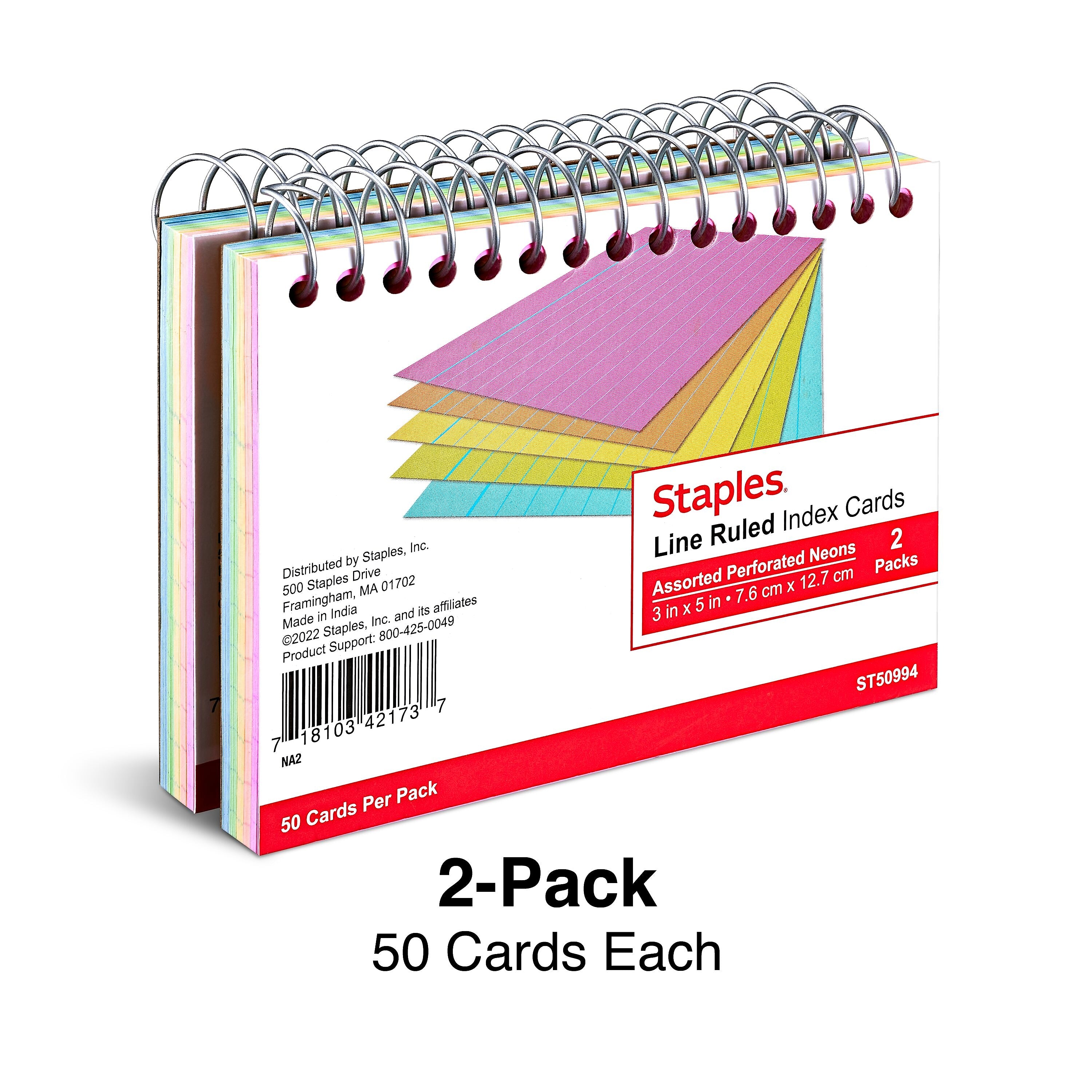 Staples™ 3" x 5" Index Cards, Lined, Neon, 50 Cards/Pack, 2 Packs/Carton