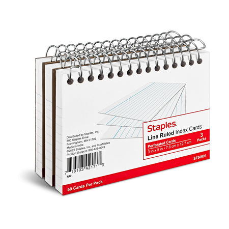 Staples 3" x 5" Index Cards, Lined, White, 50 Cards/Pack, 3 Pack/Carton