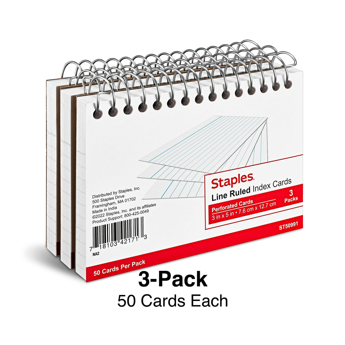 Staples 3" x 5" Index Cards, Lined, White, 50 Cards/Pack, 3 Pack/Carton