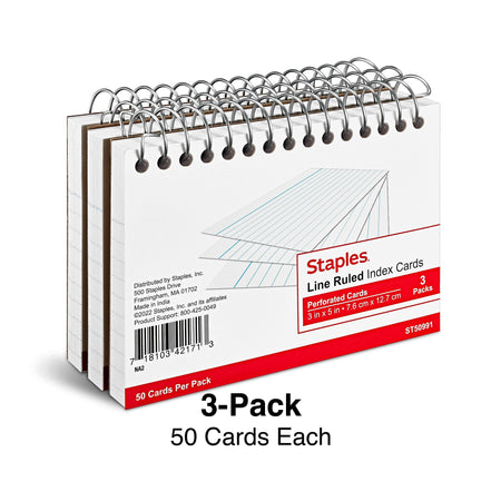 Staples 3" x 5" Index Cards, Lined, White, 50 Cards/Pack, 3 Pack/Carton