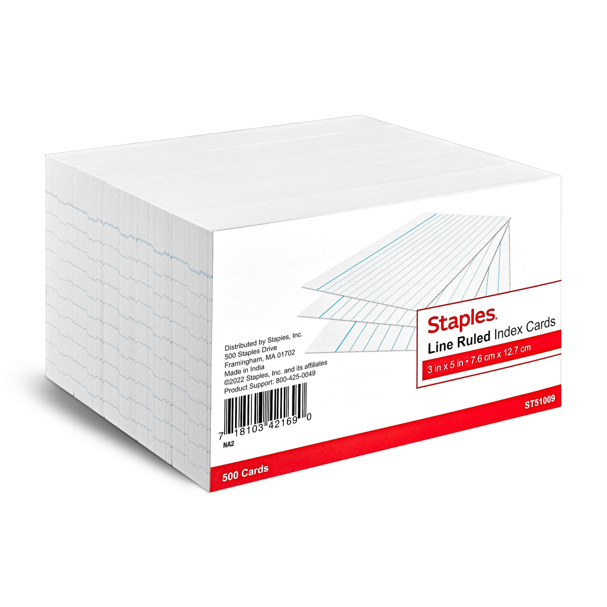 Staples 3" x 5" Index Cards, Lined, White, 500/Pack