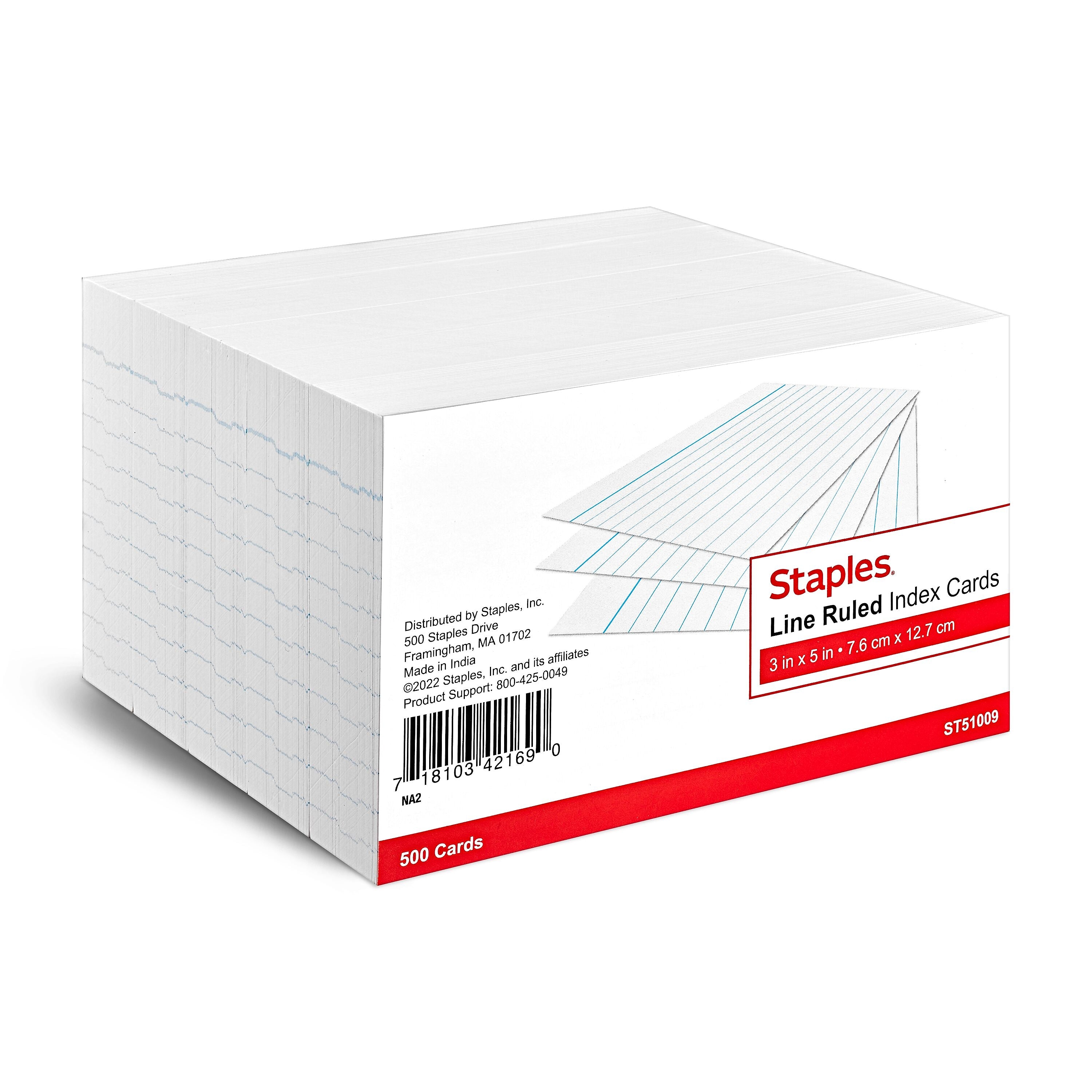 Staples 3" x 5" Index Cards, Lined, White, 500/Pack