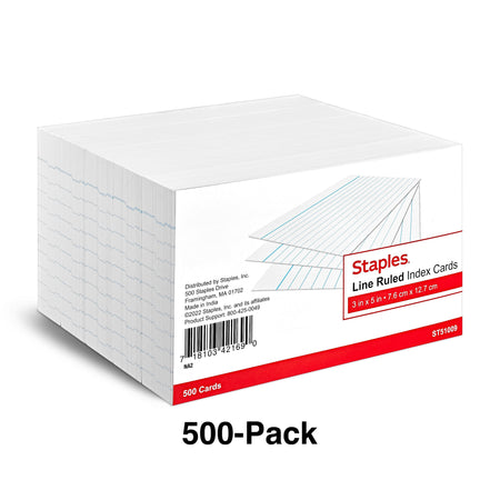 Staples 3" x 5" Index Cards, Lined, White, 500/Pack