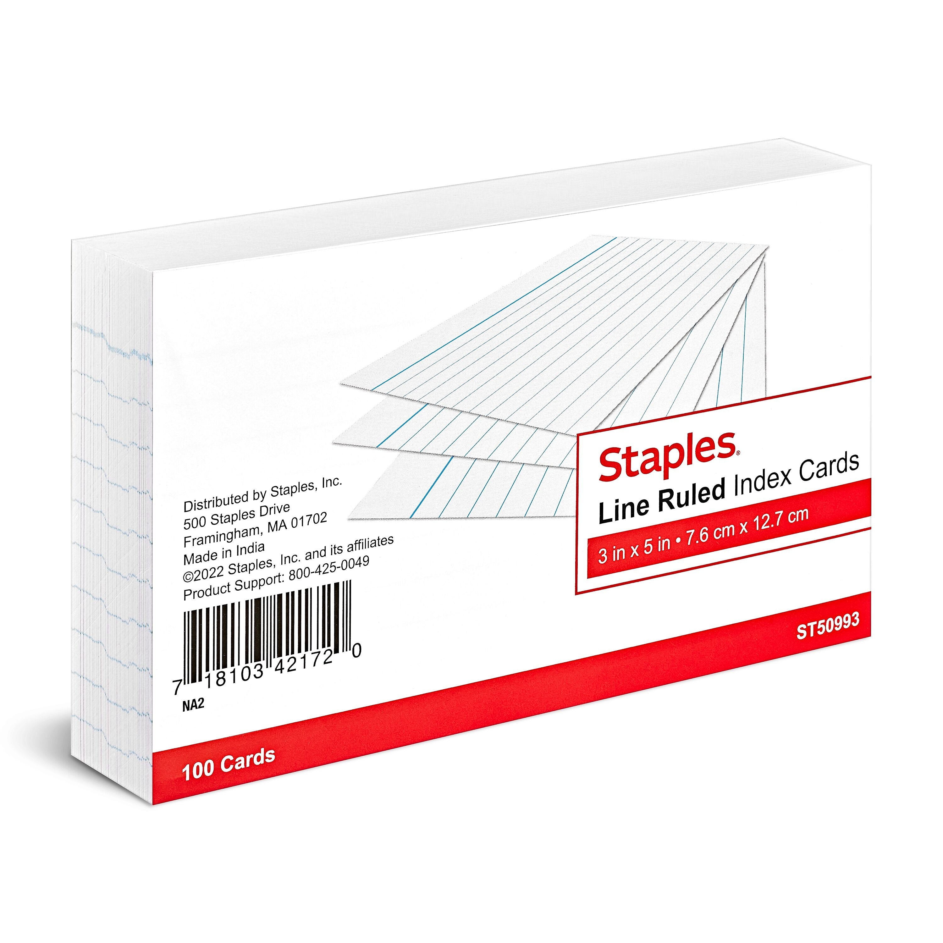 Staples 3" x 5" Index Cards, Narrow Ruled, White, 100/Pack