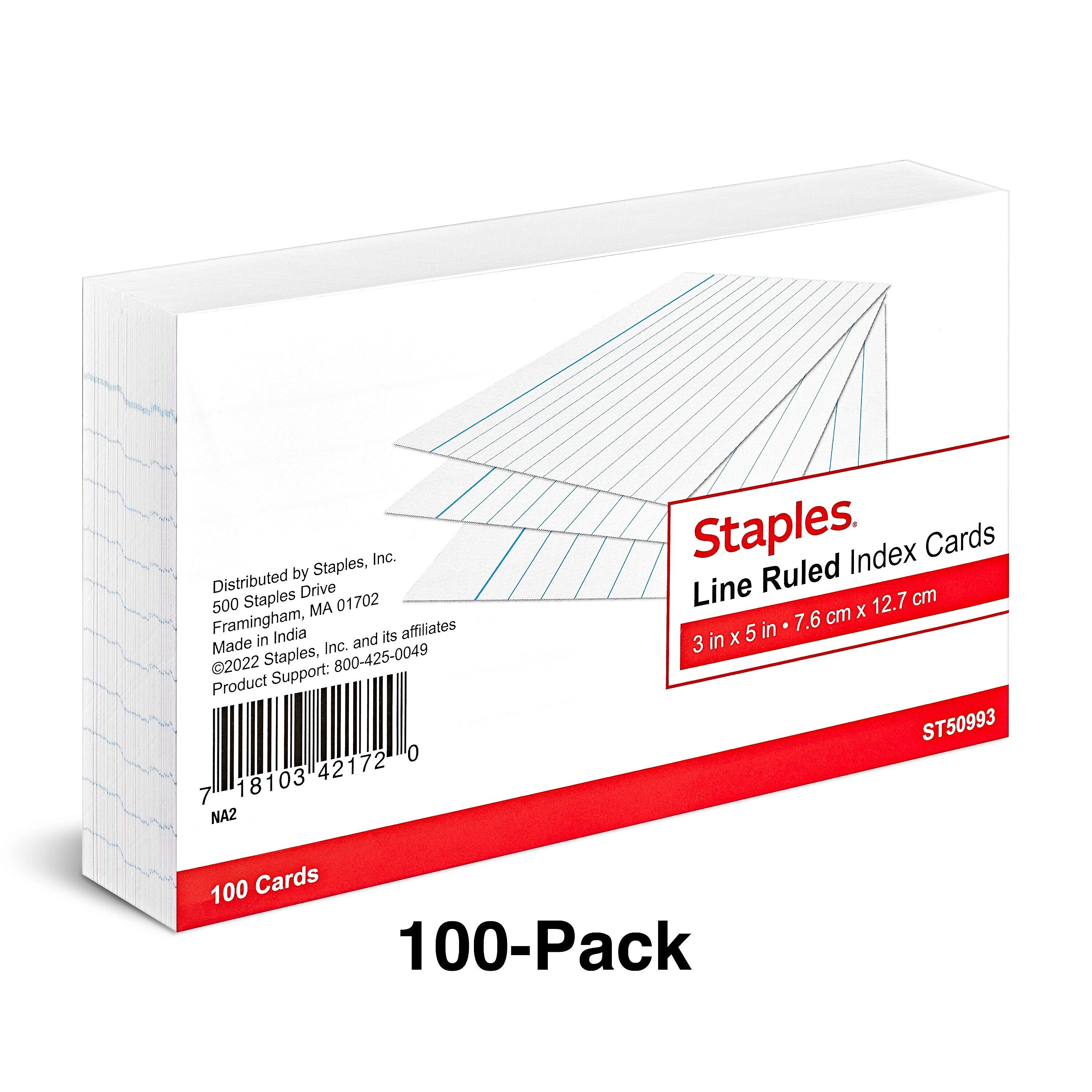 Staples 3" x 5" Index Cards, Narrow Ruled, White, 100/Pack