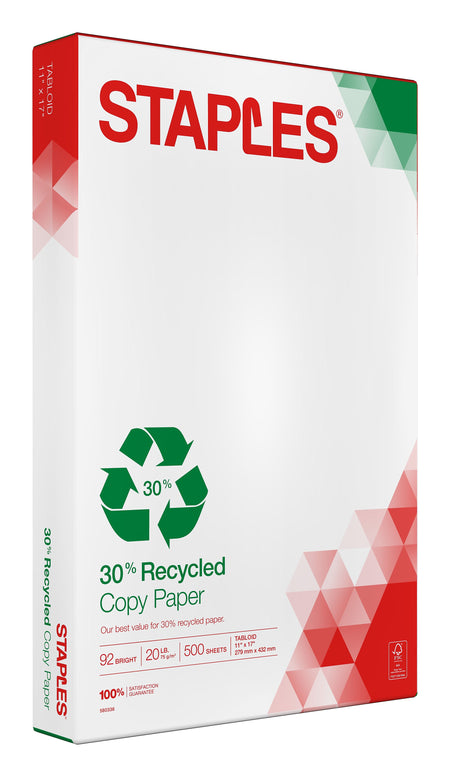 Staples 30% Recycled 11" x 17" Copy Paper, 20 lbs., 92 Brightness, 500/Ream