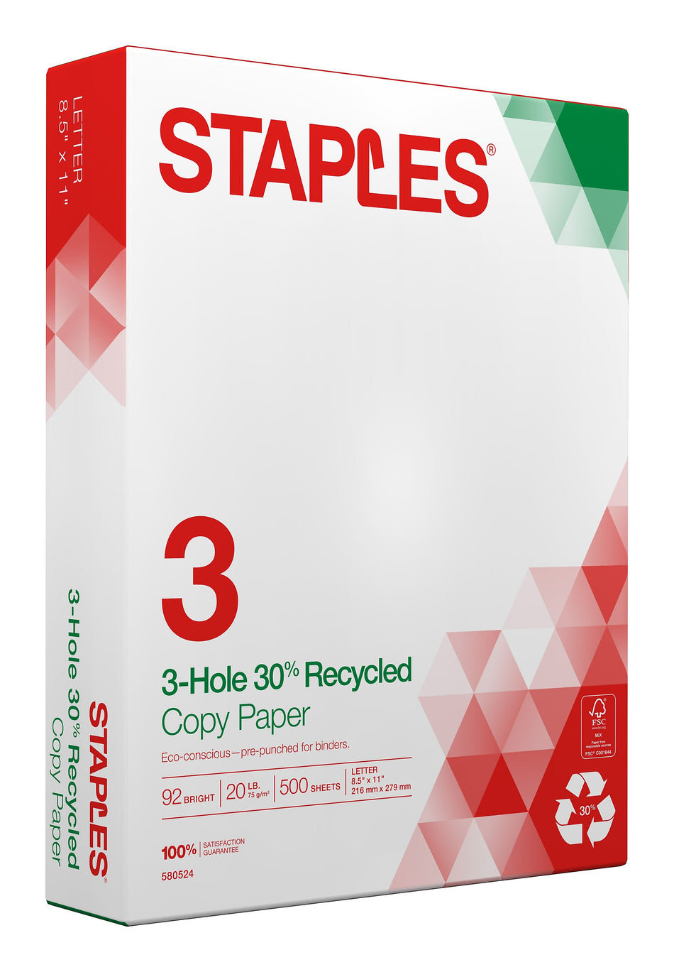 Staples 30% Recycled 8.5" x 11" 3-Hole Punched Copy Paper, 20 lbs., 92 Brightness, 500/Ream