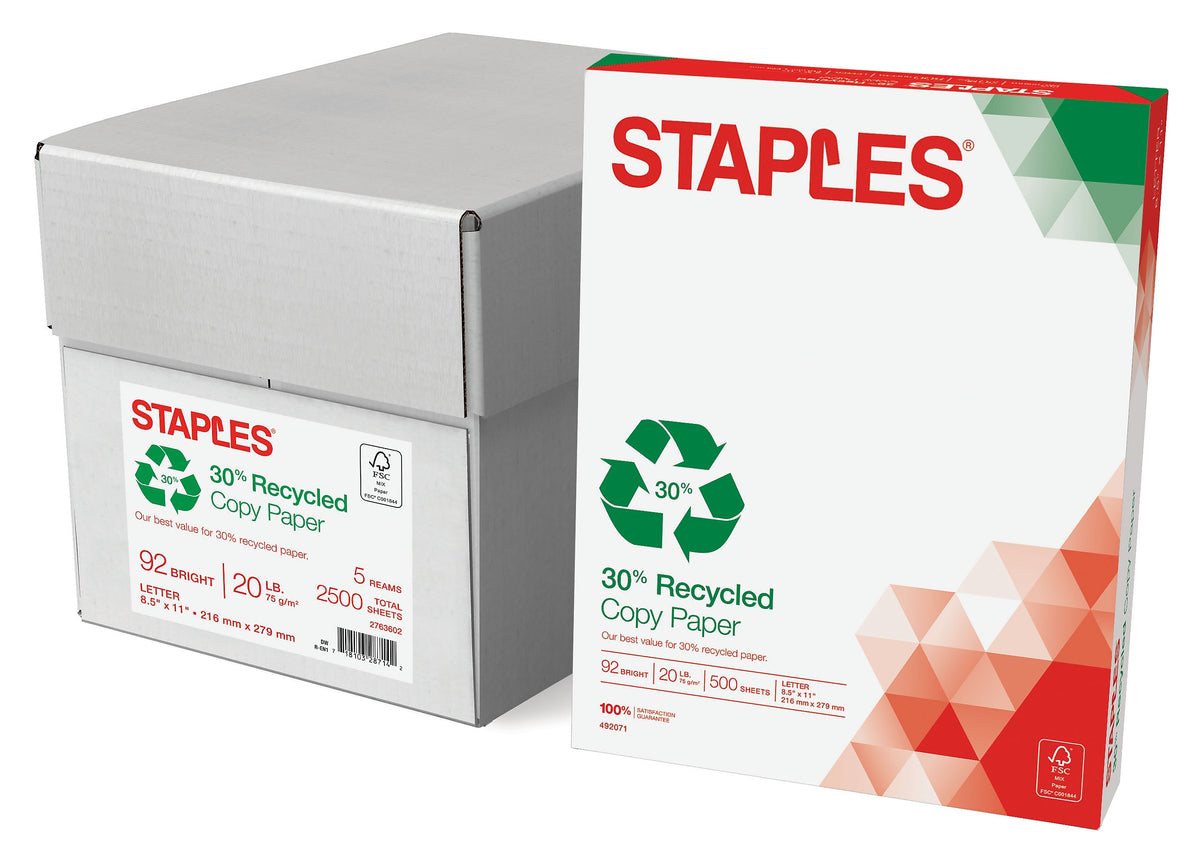 Staples 30% Recycled 8.5" x 11" Copy Paper, 20 lbs., 92 Brightness, 500 Sheets/Ream, 5 Reams/Carton