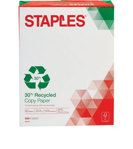 Staples 30% Recycled 8.5" x 11" Copy Paper, 20 lbs., 92 Brightness, 500 Sheets/Ream, 5 Reams/Carton