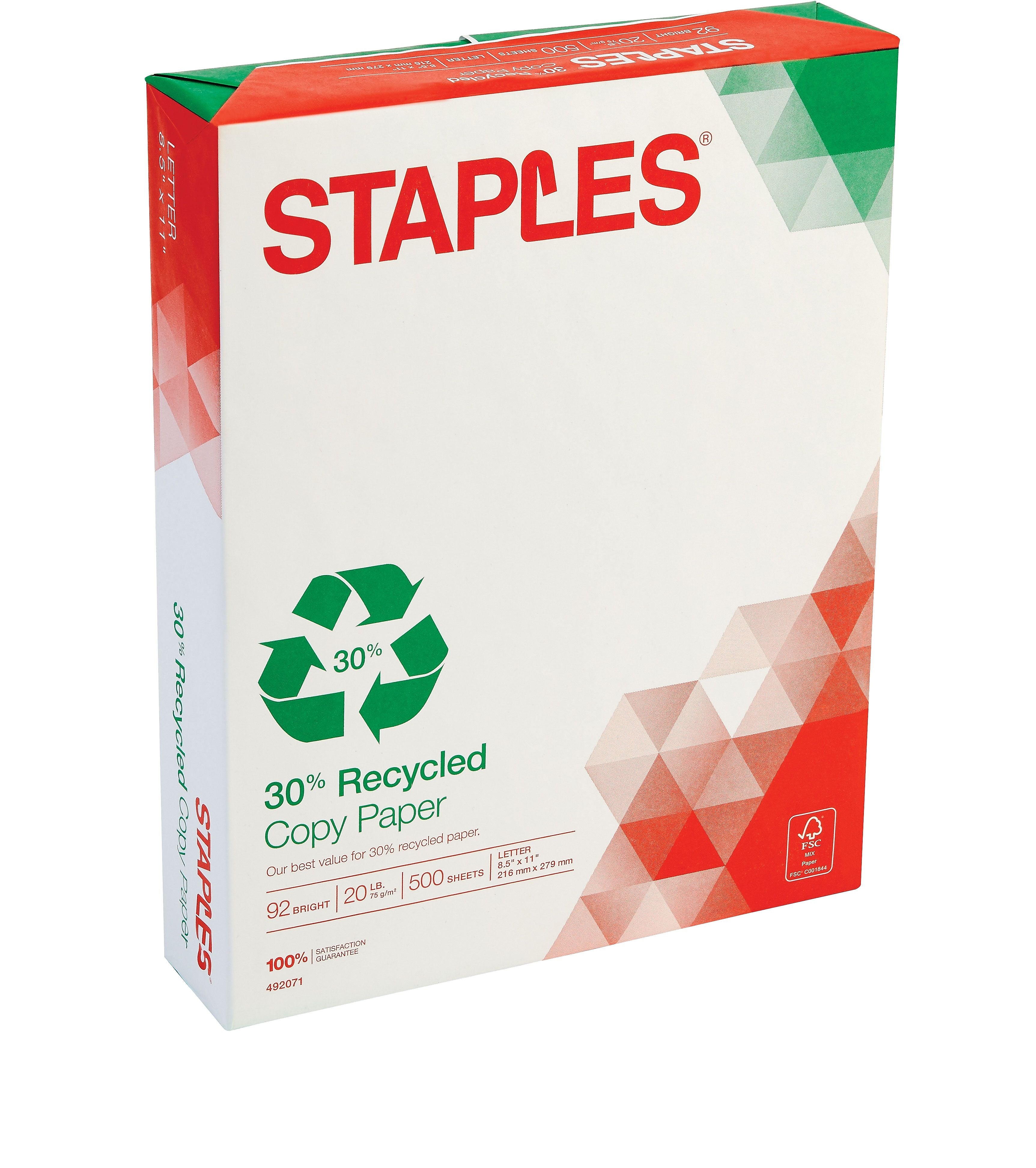 Staples 30% Recycled 8.5" x 11" Copy Paper, 20 lbs., 92 Brightness, 500/Ream