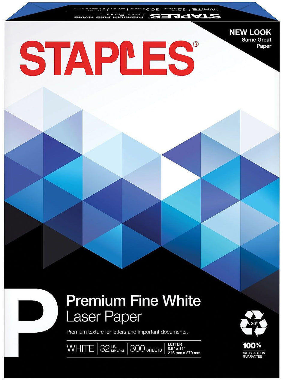 Staples 30% Recycled 8.5" x 11" Multipurpose Paper, 32 lbs., 100 Brightness, 300/Pack