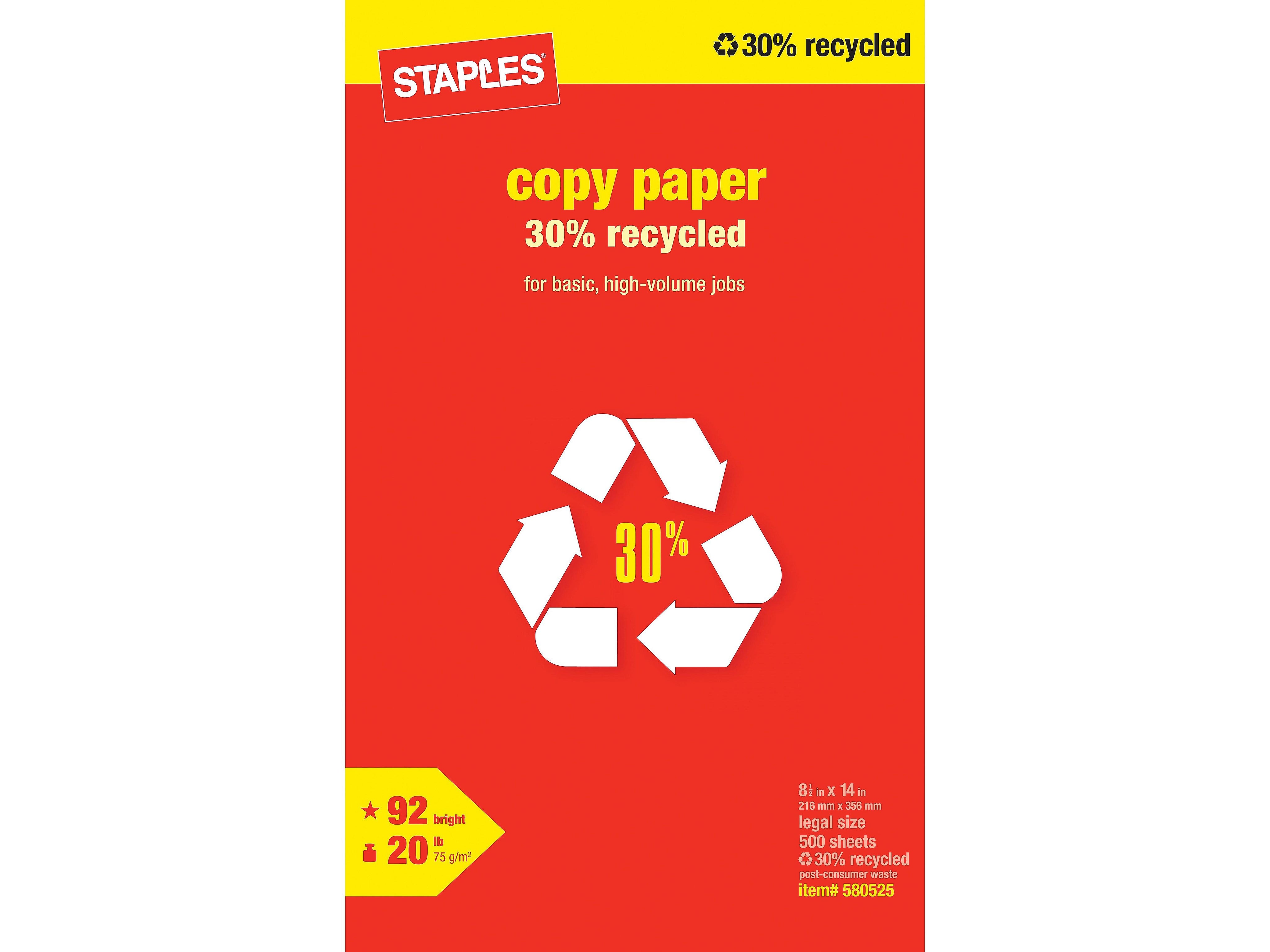 Staples 30% Recycled 8.5" x 14" Copy Paper, 20 lbs., 92 Brightness, 500/Ream