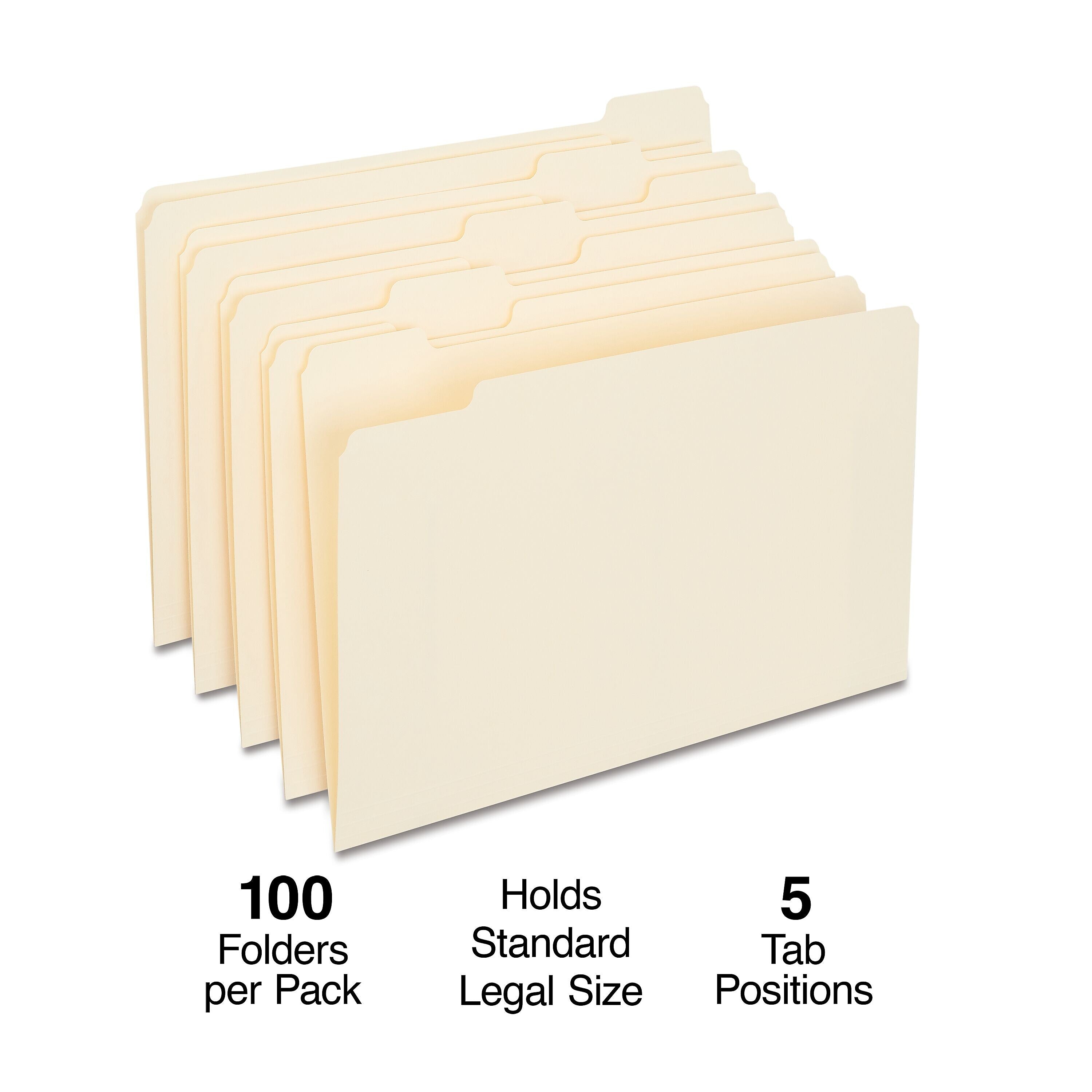 Staples 30% Recycled File Folder, 1/5 Cut, Legal Size, Manila, 100/Box