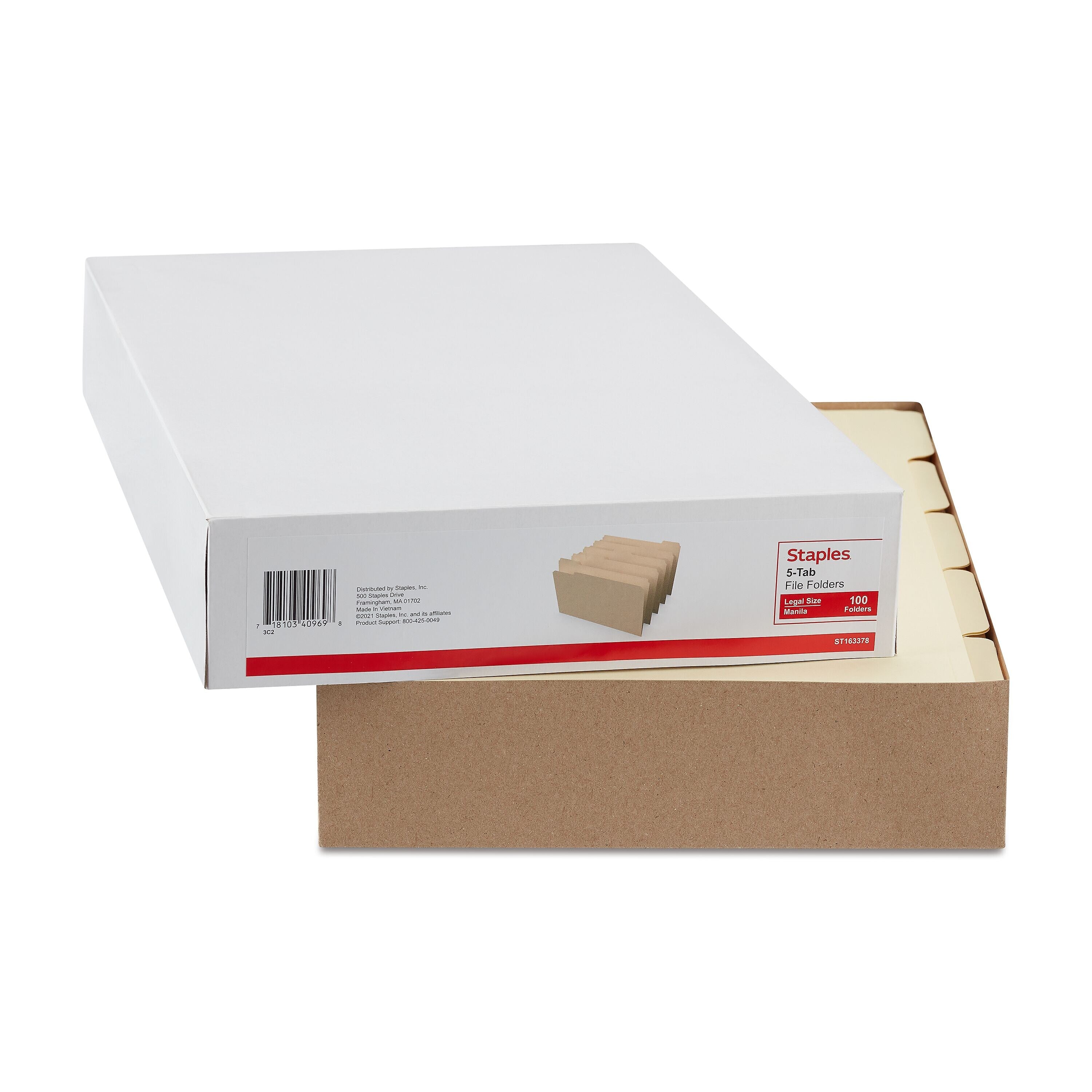 Staples 30% Recycled File Folder, 1/5 Cut, Legal Size, Manila, 100/Box