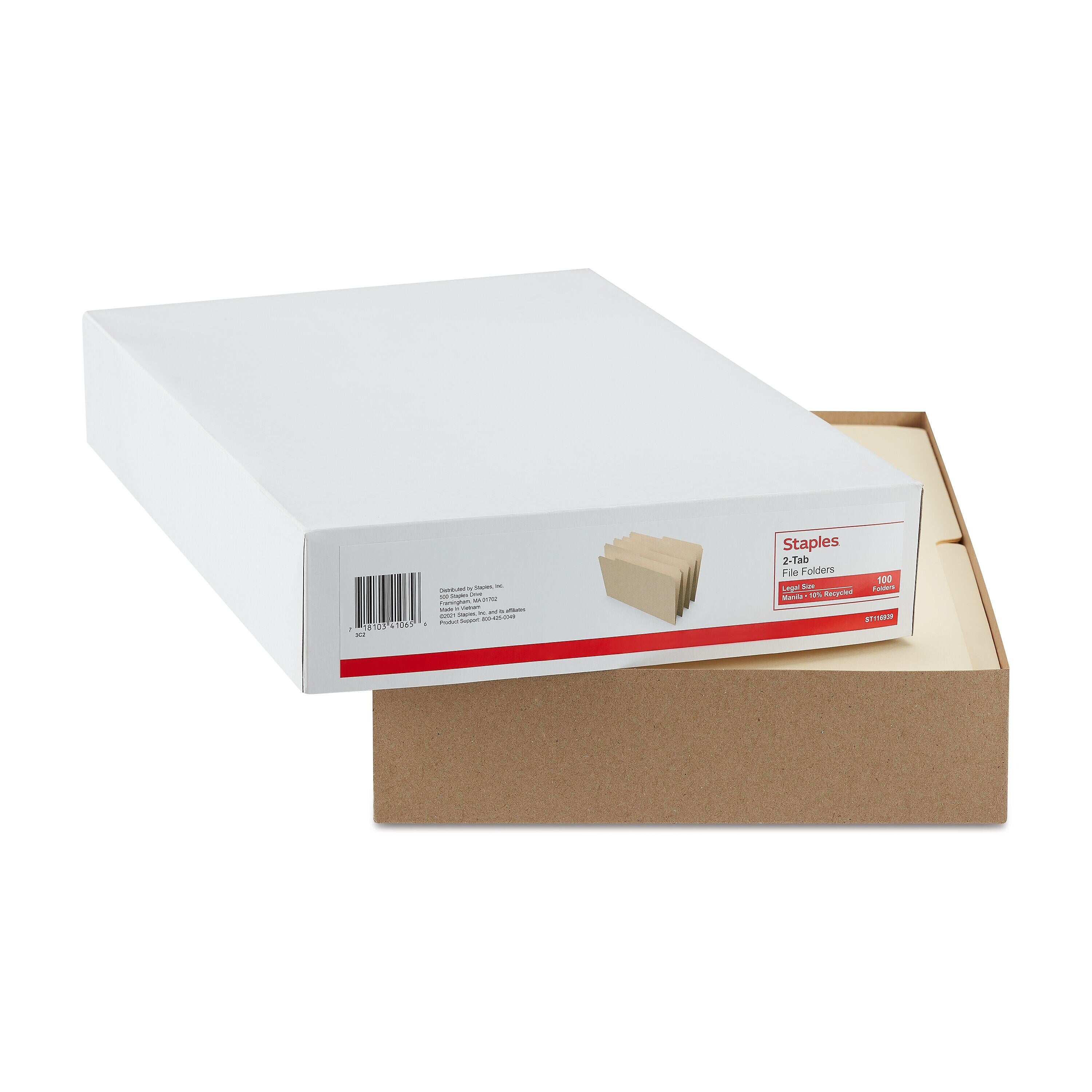 Staples 30% Recycled File Folders, 1/2 Cut Tab, Legal Size, Manila, 100/Box