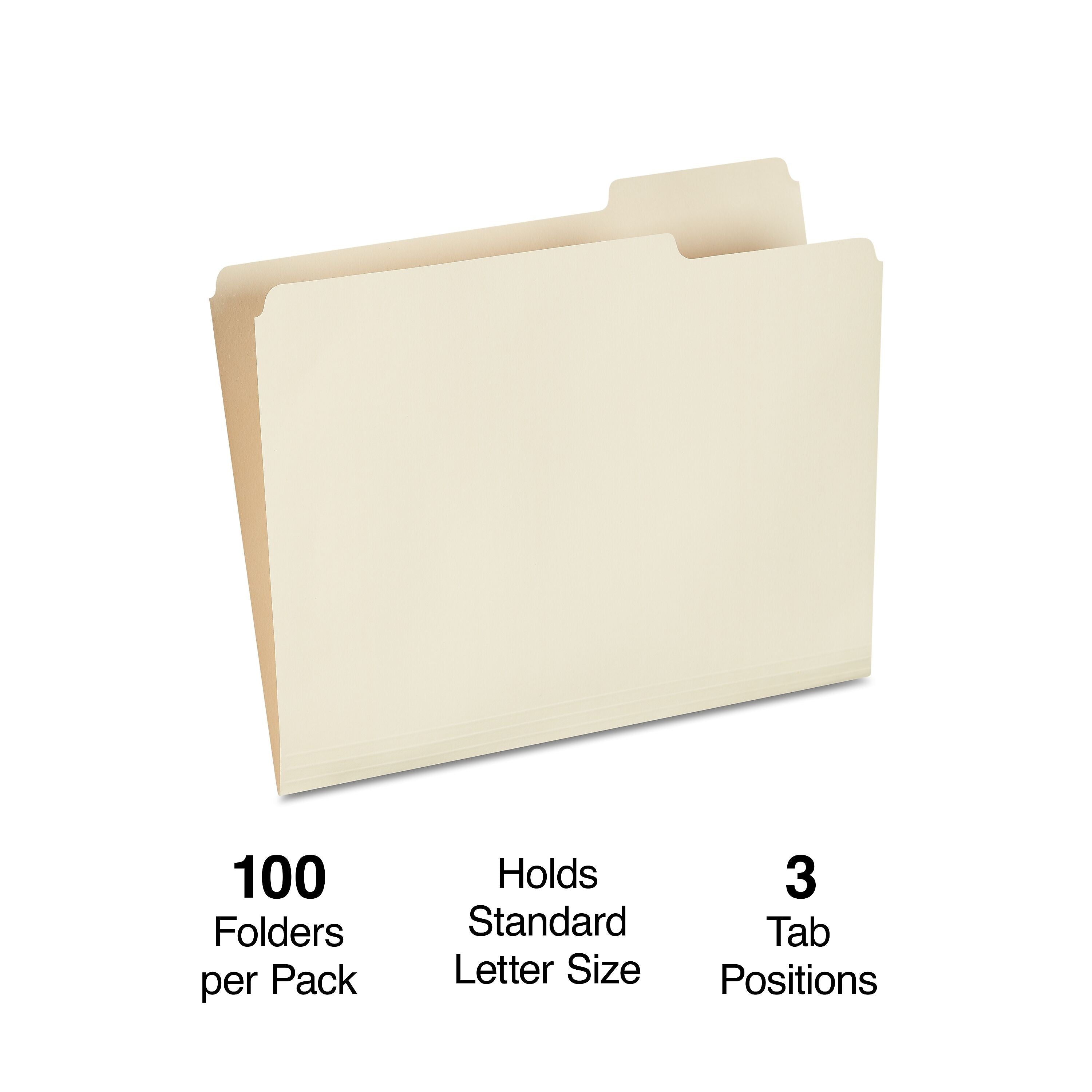 Staples® 30% Recycled File Folders, 1/3-Cut Tab, Letter Size, Manila, 100/Box