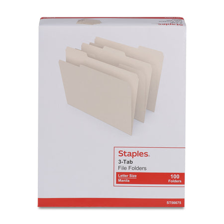 Staples 30% Recycled File Folders, 1/3-Cut Tab, Letter Size, Manila, 100/Box