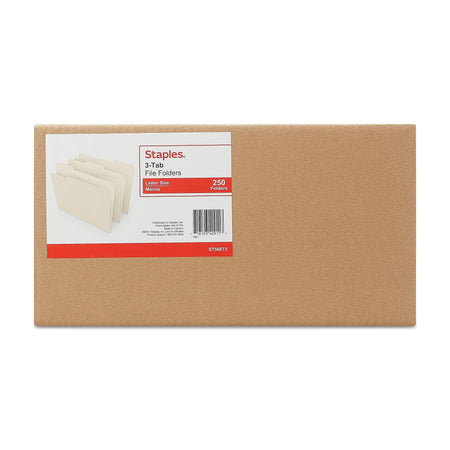 Staples® 30% Recycled File Folders, 1/3-Cut Tab, Letter Size, Manila, 250/Box