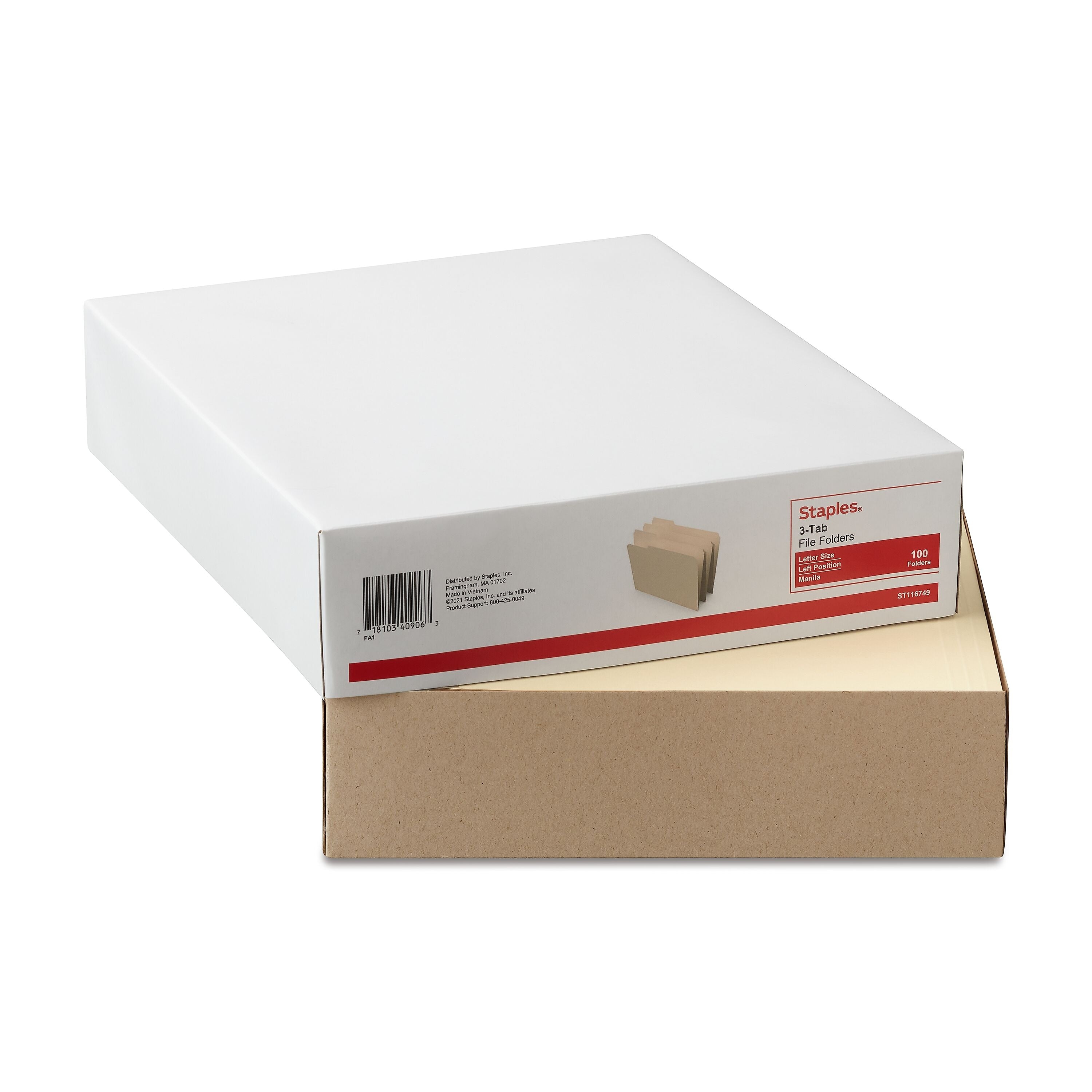 Staples® 30% Recycled File Folders, 1/3-Cut Tab, Letter Size, Manilla, 100/Box