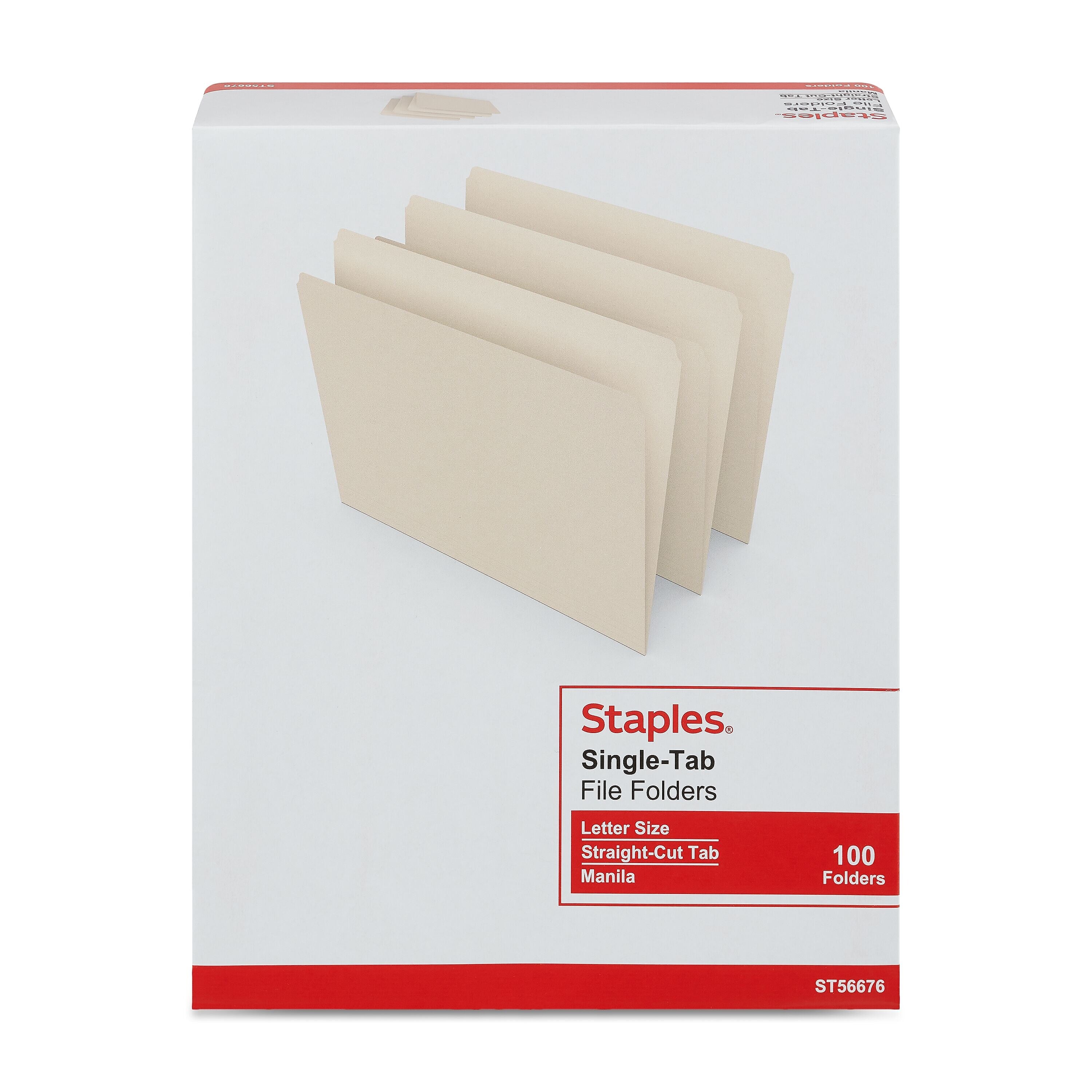 Staples 30% Recycled File Folders, Single Tab, Letter Size, Manila, 100/Box