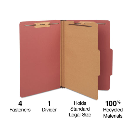 Staples® 30% Recycled Pressboard Classification Folder, 1-Dividers, 1 3/4" Expansion, Legal Size, Red, 10/Box