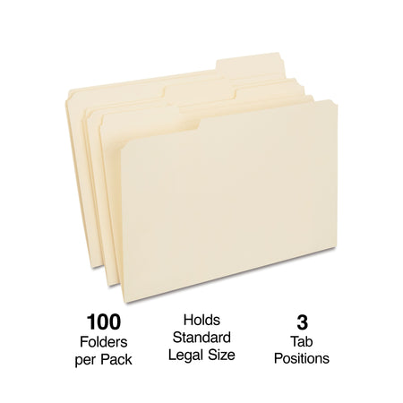 Staples 30% Recycled Reinforced File Folder, 1/3-Cut Tab, Legal Size, Manila, 100/Box