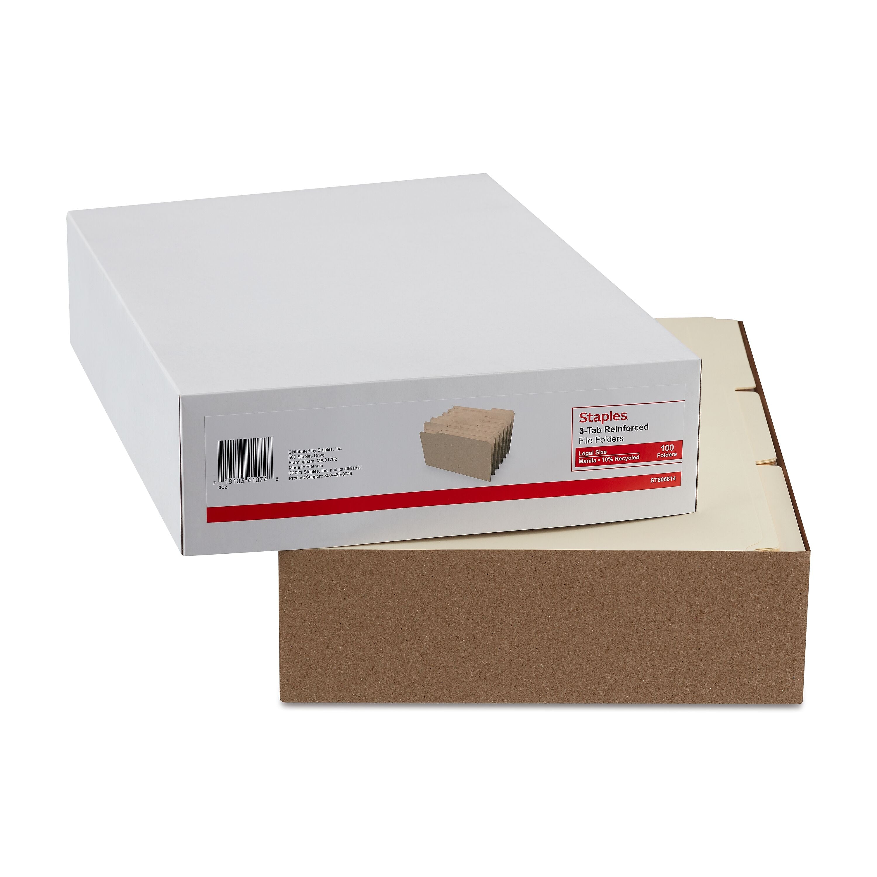 Staples 30% Recycled Reinforced File Folder, 1/3-Cut Tab, Legal Size, Manila, 100/Box