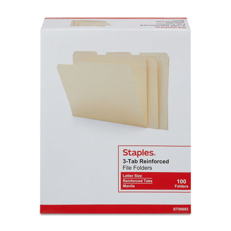 Staples 30% Recycled Reinforced File Folders, 1/3-Cut Tab, Letter Size, Manila, 100/Box