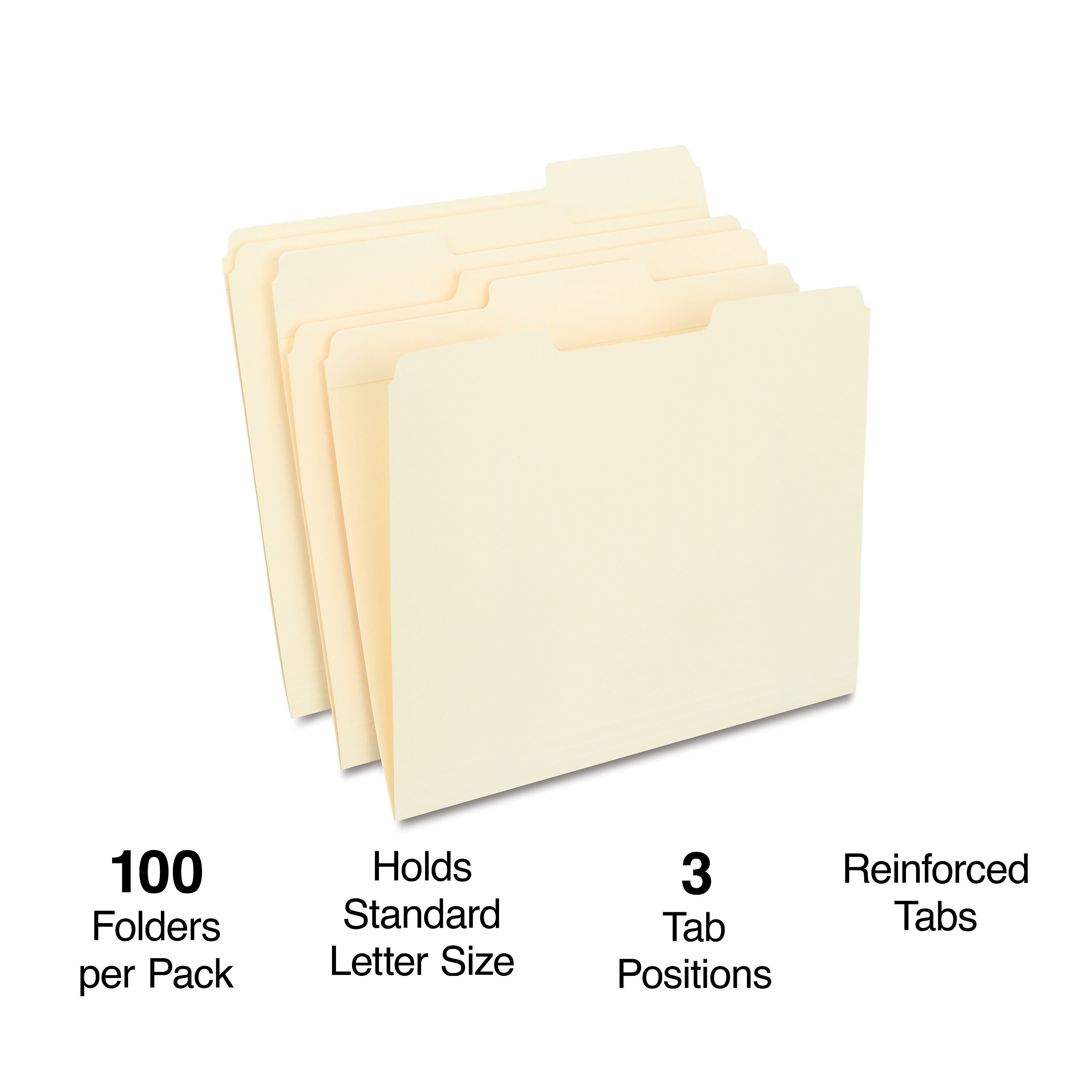 Staples® 30% Recycled Reinforced File Folders, 1/3-Cut Tab, Letter Size, Manilla, 100/Box