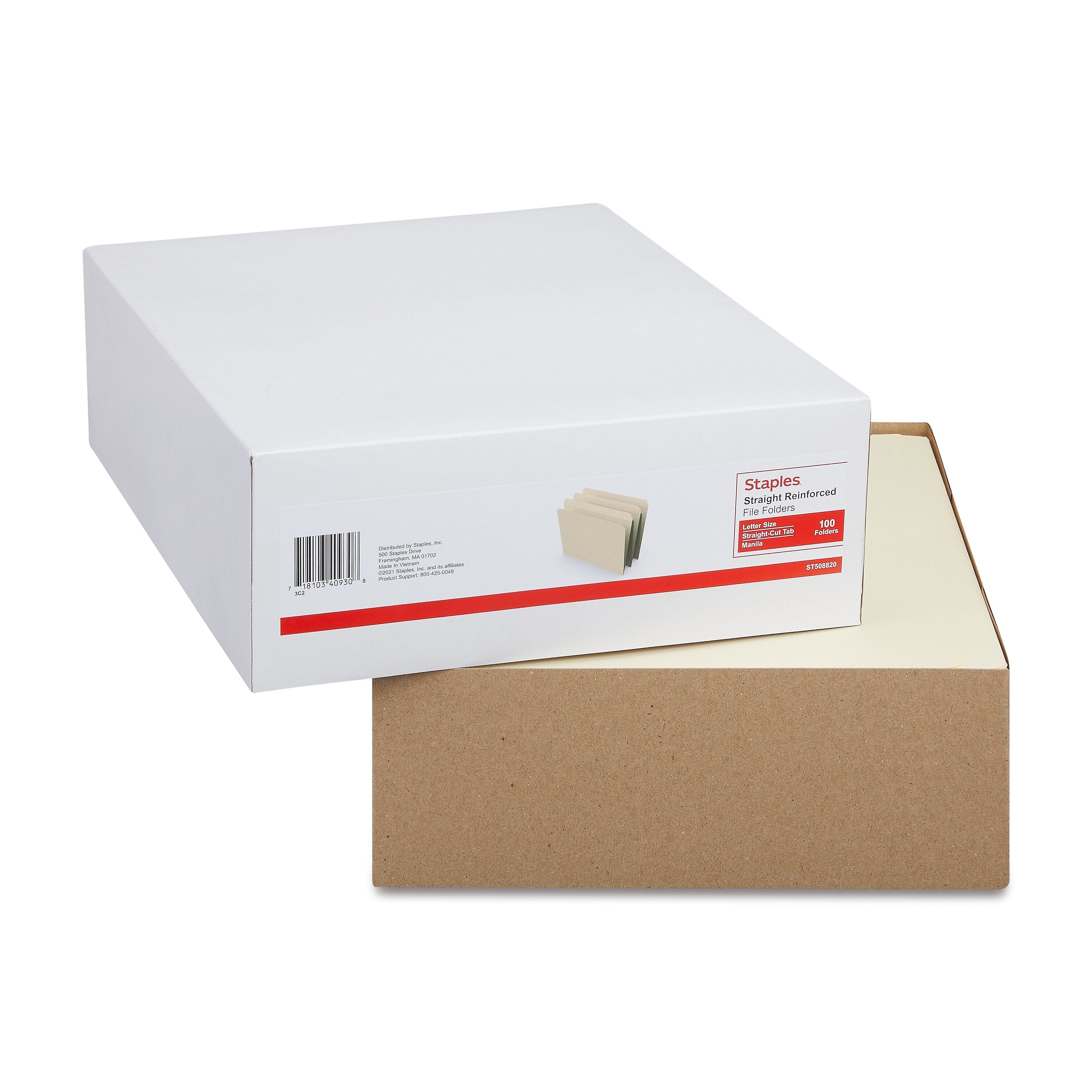 Staples 30% Recycled Reinforced File Folders, Single Tab, Letter Size, Manilla, 100/Box