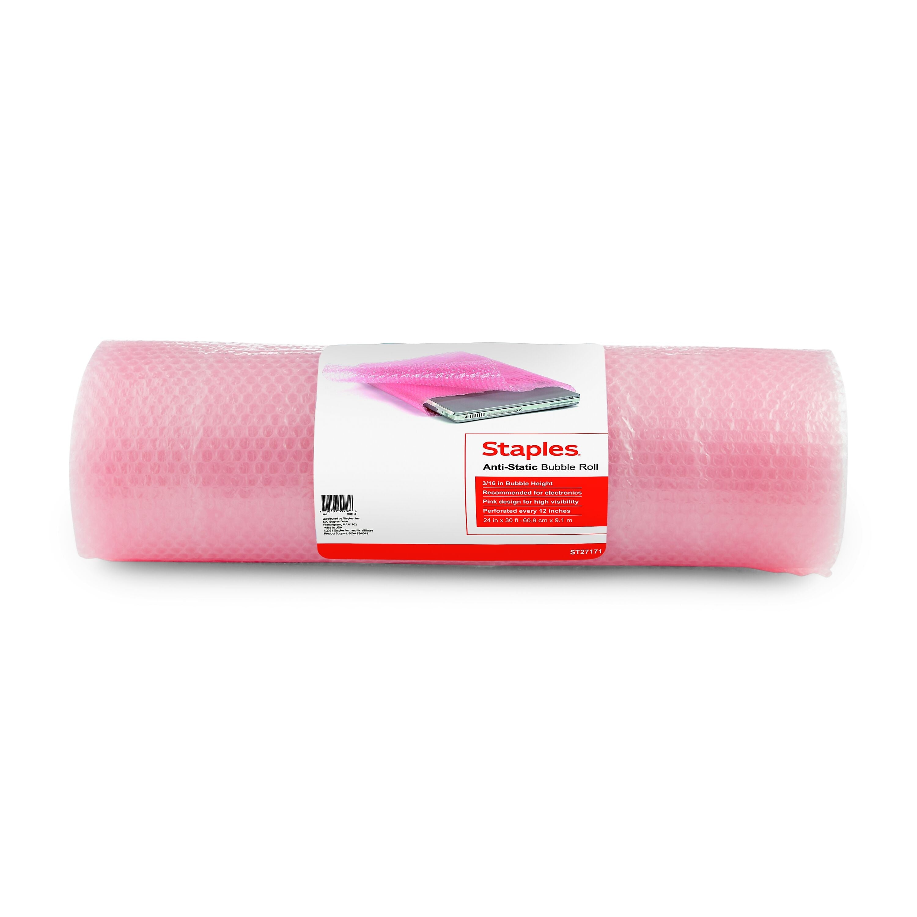 Staples 3/16" Anti-Static Bubble Roll, 24" x 30', AF23Pink