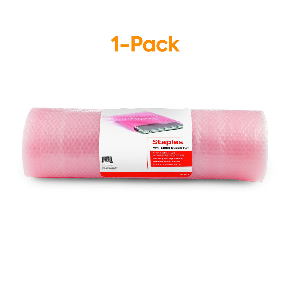 Staples 3/16" Anti-Static Bubble Roll, 24" x 30', AF23Pink