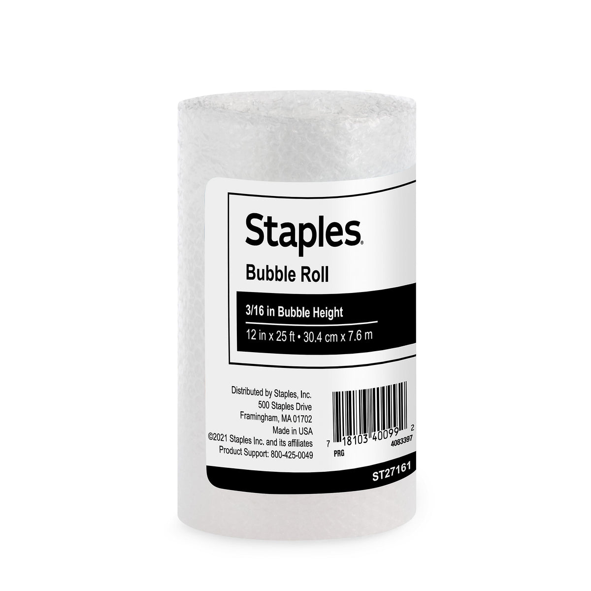 Staples 3/16" Bubble Roll, 12" x 25', Clear