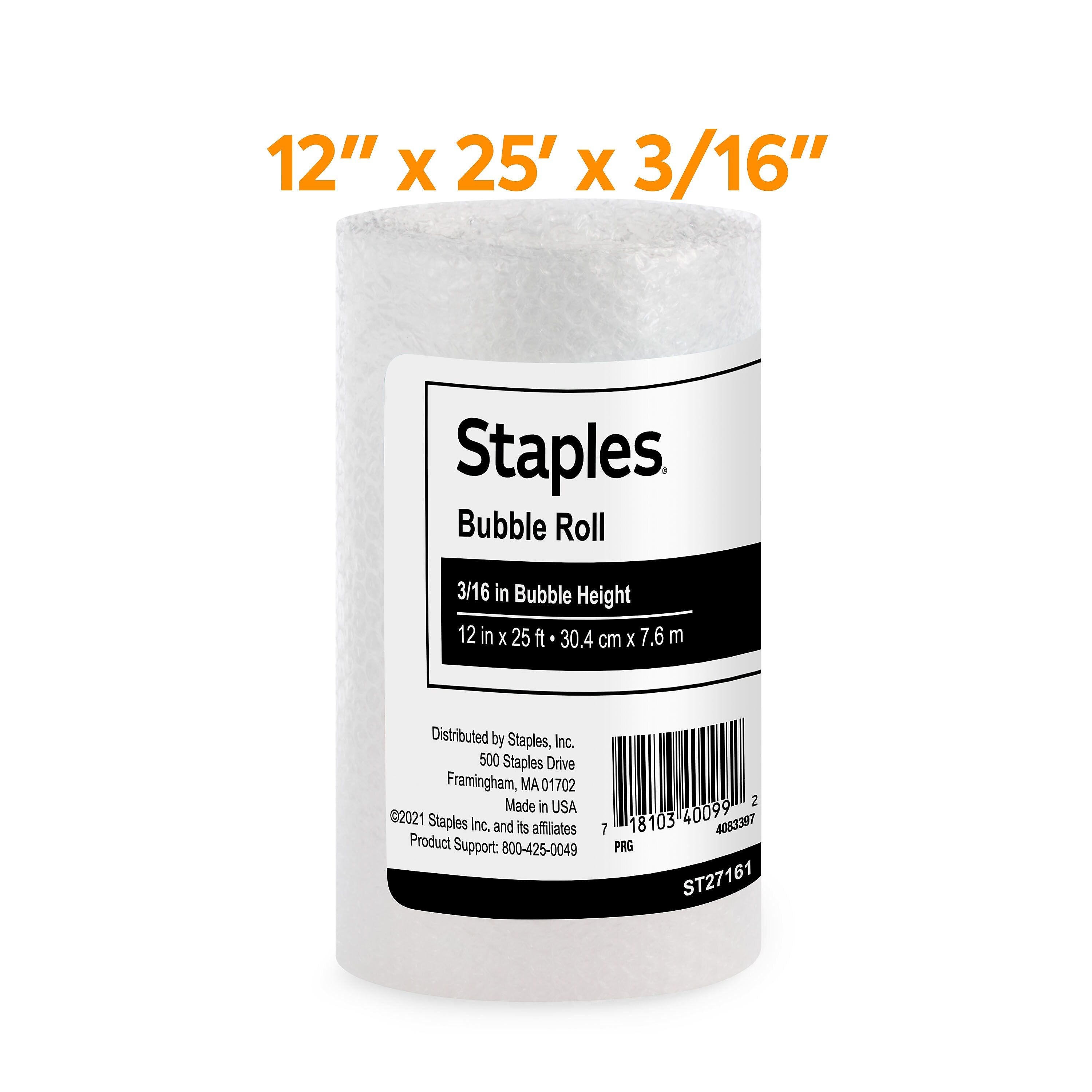 Staples 3/16" Bubble Roll, 12" x 25', Clear