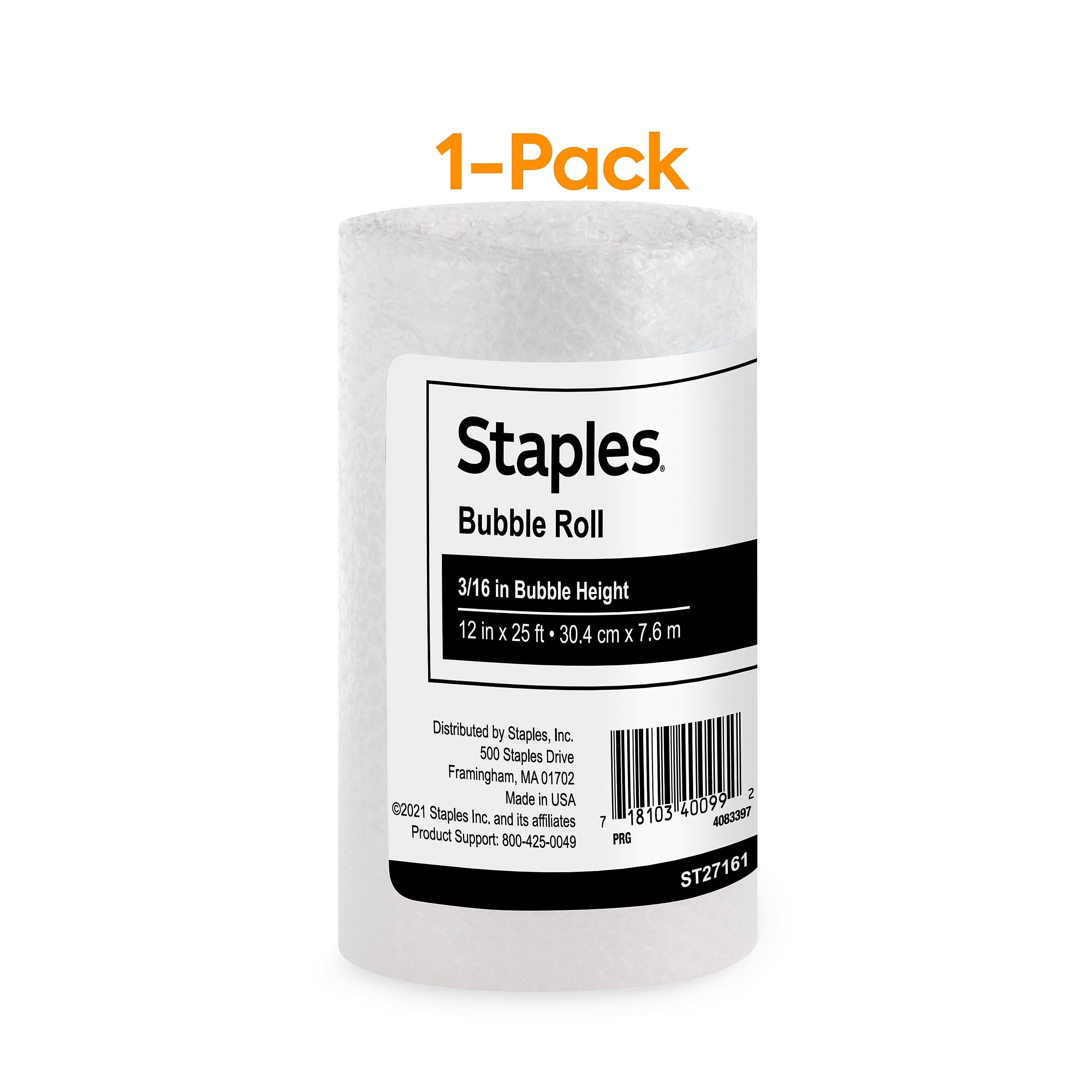 Staples 3/16" Bubble Roll, 12" x 25', Clear