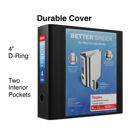 Staples 4" 3-Ring Better Binder, D-Ring, Black