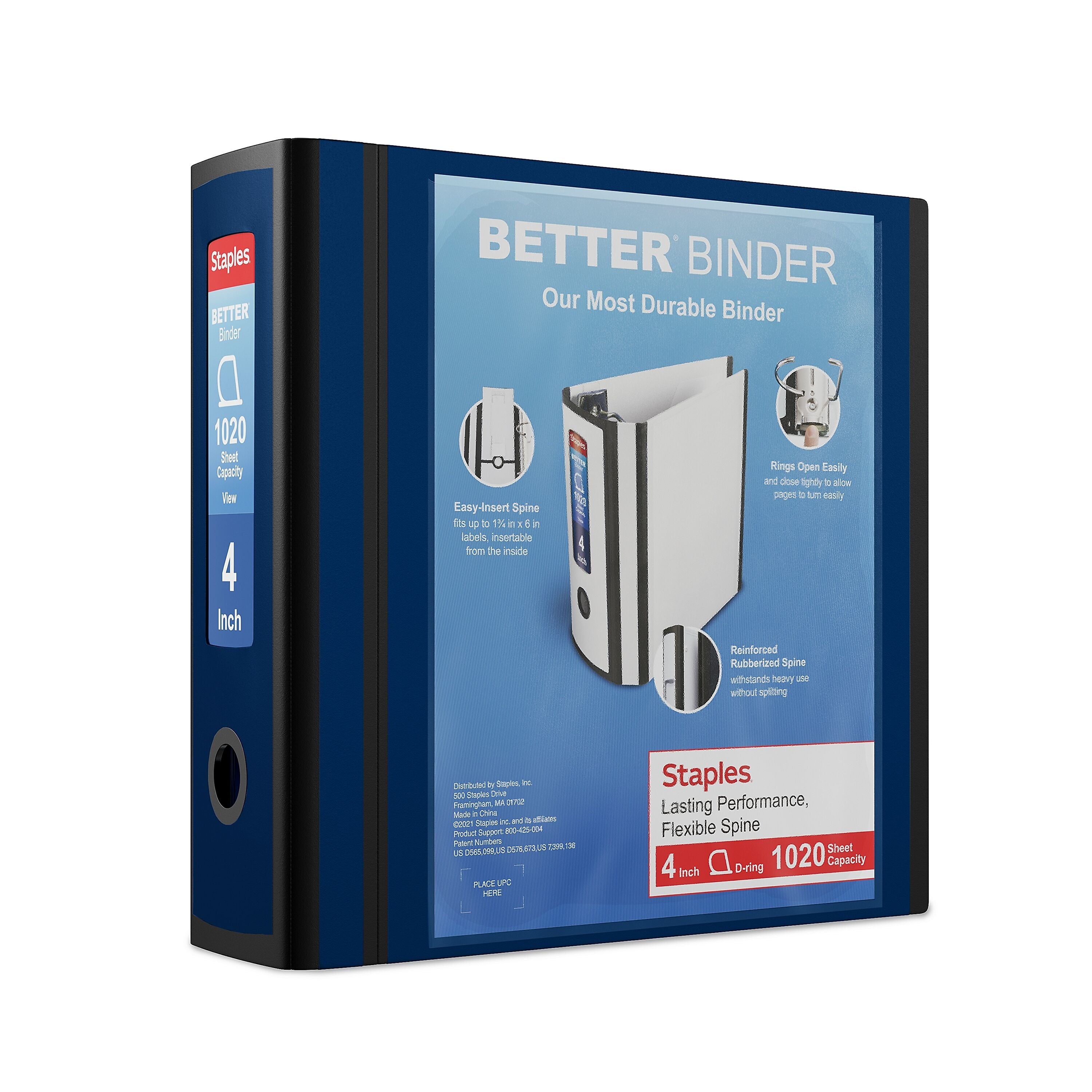 Staples 4" 3-Ring Better Binder, D-Ring, Navy Blue