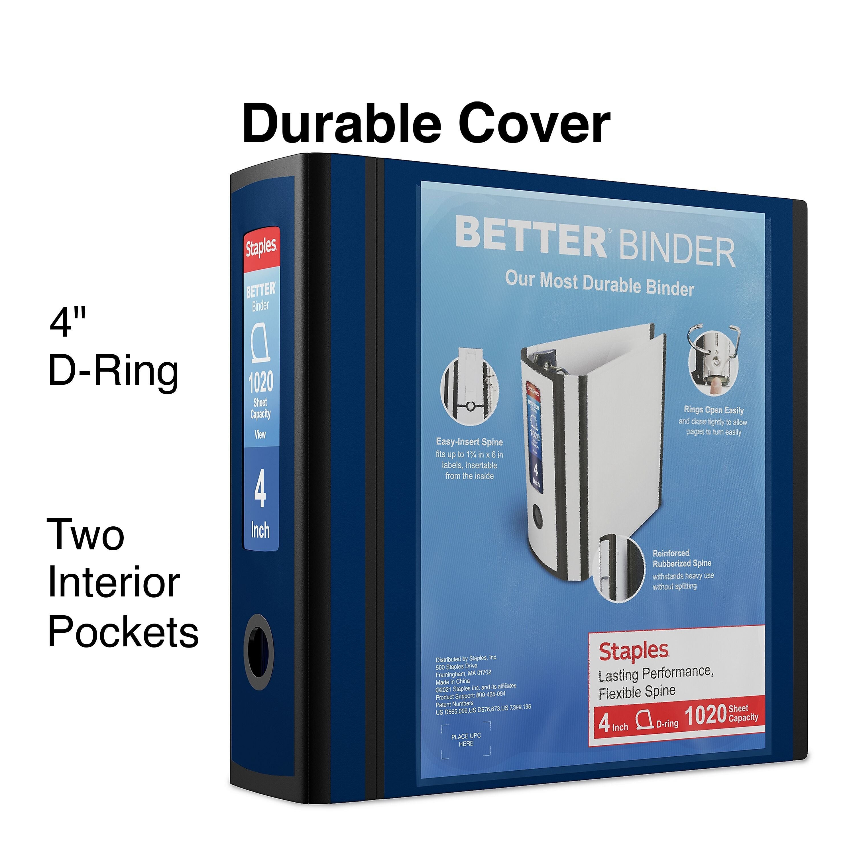 Staples 4" 3-Ring Better Binder, D-Ring, Navy Blue