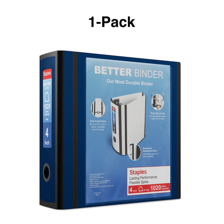 Staples 4" 3-Ring Better Binder, D-Ring, Navy Blue