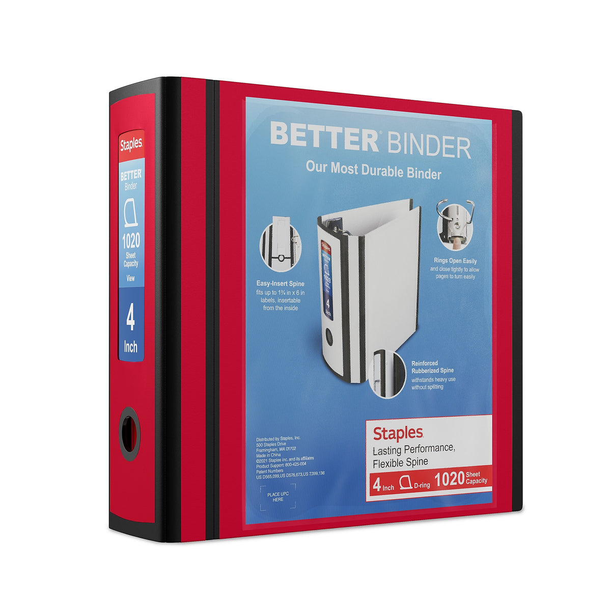 Staples 4" 3-Ring Better Binder, D-Ring, Red