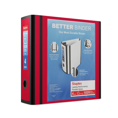 Staples 4" 3-Ring Better Binder, D-Ring, Red